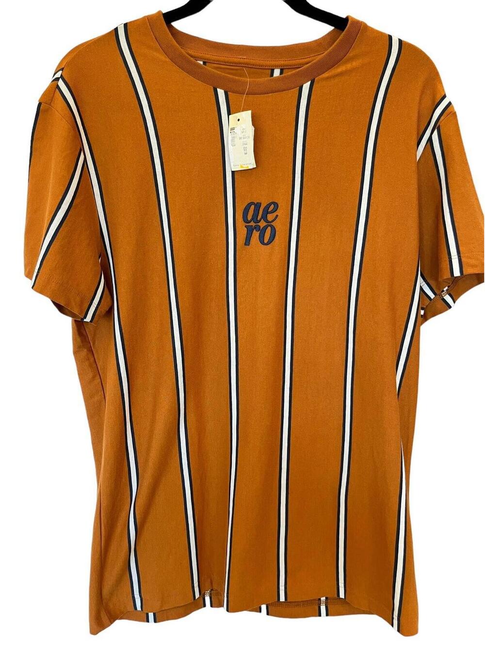 Aeropostale Orange and Navy Blue Mens stripe Tee with Logo NWT Size Med